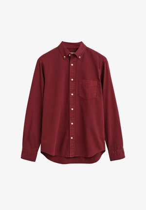 Bordeauxfarbendes Hemd mit Knöpfen, Kragen, langen Ärmeln und einer Brusttasche. Hergestellt aus einem glatten Stoff mit einem leicht lockeren Schnitt.