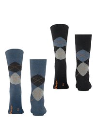 Chaussettes jusqu'aux genoux en bleu foncé et noir avec des motifs en losange gris et bleu clair, ornées de broderies orange et de détails de logo.