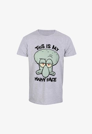 T-shirt grigio in cotone con un personaggio dei cartoni animati con una grande testa, testo stampato che dice "QUESTO È IL MIO VOLTO FELICE" e dettagli scuri.