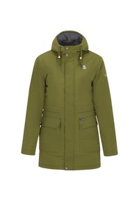 Veste imperméable vert olive avec capuche, deux poches poitrine et deux poches latérales. Présente une doublure intérieure grise et des cordons de serrage réglables.
