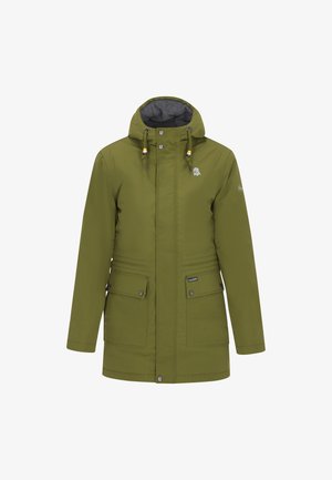 Olivově zelená voděodolná bunda s kapucí, dvěma náprsními kapsami a dvěma postranními kapsami. Má šedou podšívku a nastavitelnou šňůrku.