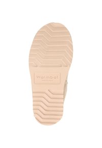 Beige rubberen schoenzool met een zigzag profiel en het reliëflogo "Warmbat Australia". Textuur op het oppervlak voor grip en duurzaamheid.