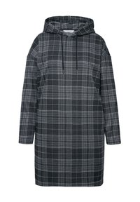 Huppari-plaid-mekko mustissa ja harmaissa sävyissä, jossa on löysä istuvuus, pitkät hihat ja kiristysnauha kaulassa. Pehmeä kangas.