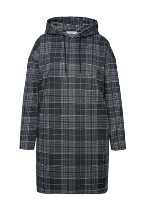 Kapuzenkleid in Schwarz- und Grautönen, mit lockerer Passform, langen Ärmeln und Kordelzugverschluss am Hals. Weicher Stoff.