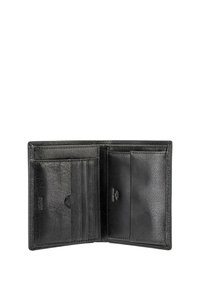 Portafoglio in pelle nera con molte fessure per carte e scomparti. Superficie strutturata con una leggera lucentezza. Design minimalista, senza hardware visibile.