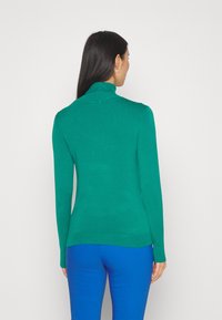 Pull à col roulé vert en tricot, avec une coupe slim, des manches longues et des poignets côtelés. Texture lisse et design simple. Associé à un pantalon bleu.