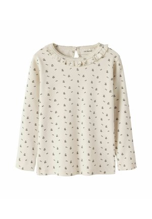 Haut côtelé crème à manches longues avec petites impressions de fleurs marron et un col à volants avec fermeture par bouton au dos.