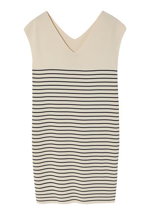 Beige sleeveless dress with a V-neck, featuring horizontal black stripes across the lower half. Soft knit material with a smooth texture.