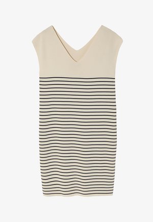 Beige sleeveless dress with a V-neck, featuring horizontal black stripes across the lower half. Soft knit material with a smooth texture.