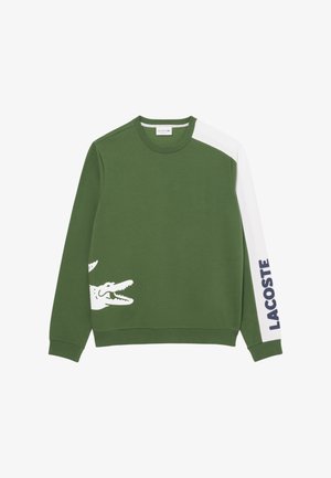 Groene sweatshirt van een katoenmix, met een witte panel op één schouder, voorzien van een grote witte krokodil graphic en de tekst "LACOSTE" in marineblauw.