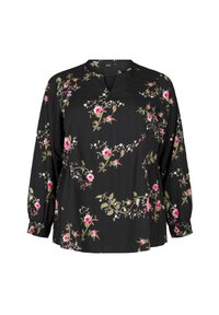 Blusa nera con scollatura a V, maniche lunghe con polsini elasticizzati e motivi floreali in rosa e verde su un tessuto texturizzato.