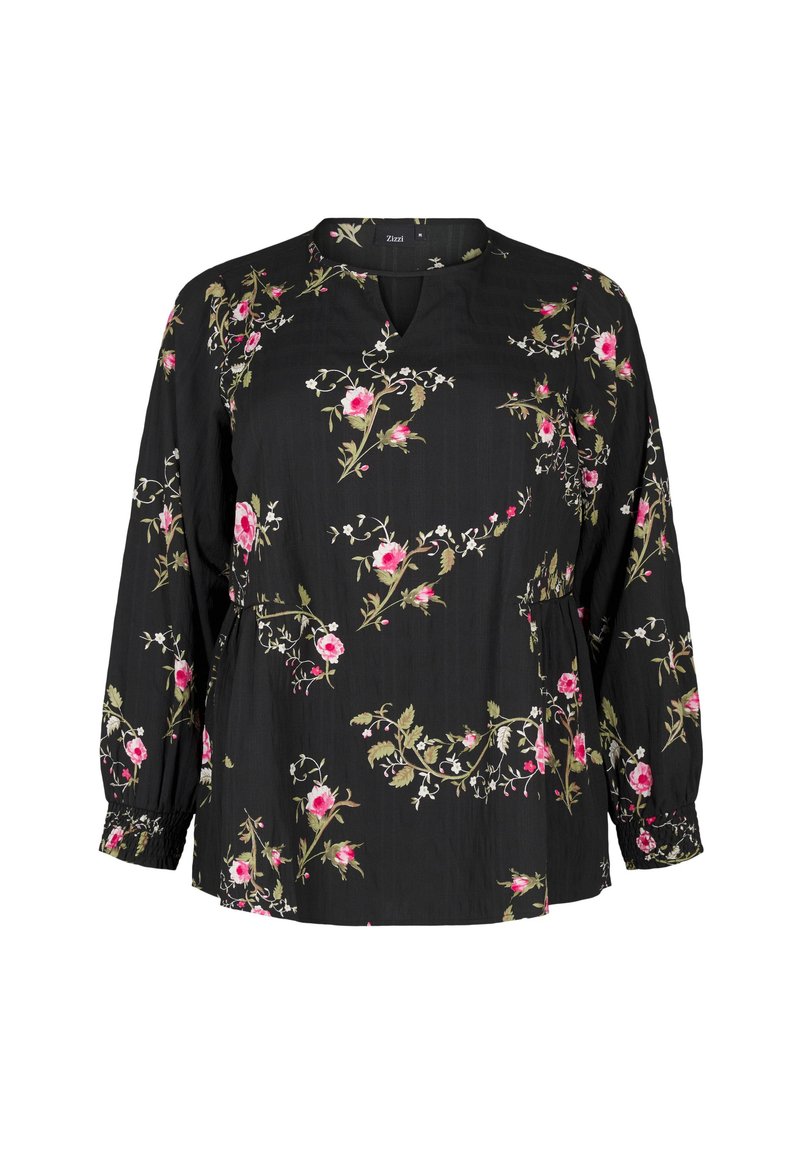 Blusa nera con scollatura a V, maniche lunghe con polsini elasticizzati e motivi floreali in rosa e verde su un tessuto texturizzato.