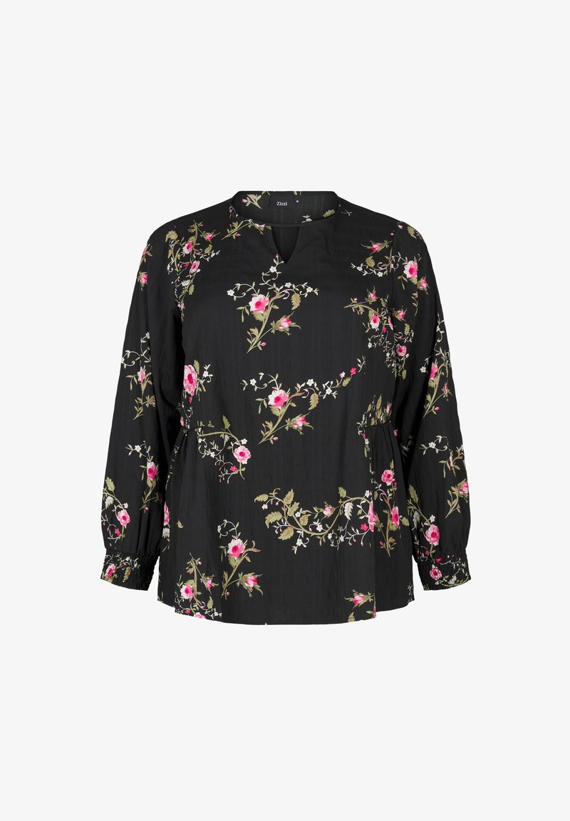 Černá blůza s výstřihem ve tvaru V, dlouhými rukávy se elastickými manžetami a květinovými vzory v růžové a zelené na strukturované tkanině.