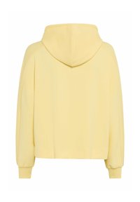 Schlichter, hellgelber Kapuzenpullover, Rückansicht, mit langen Ärmeln und gerippten Bündchen.