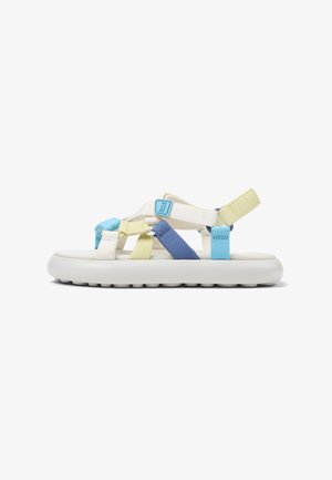 Sport sandals with a white foam sole. Multicolored straps in blue, yellow, and light blue crisscross the upper, featuring adjustable sections.