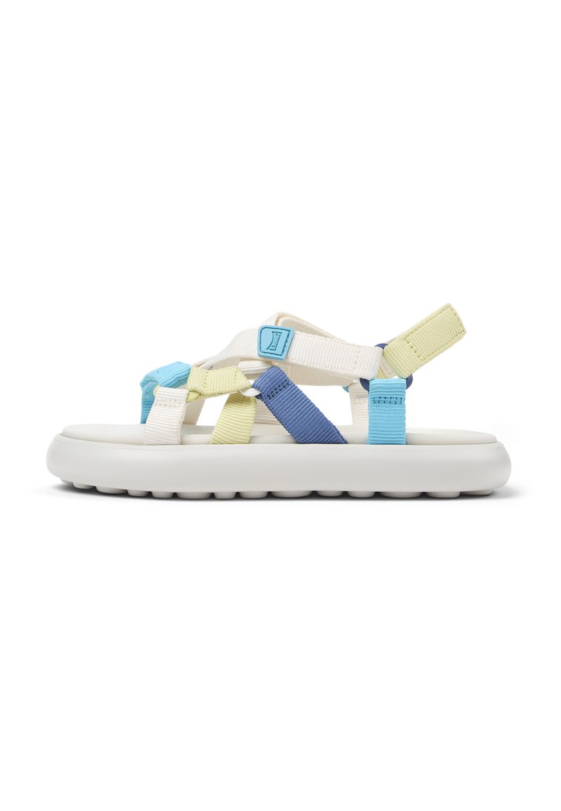Sport sandals with a white foam sole. Multicolored straps in blue, yellow, and light blue crisscross the upper, featuring adjustable sections.