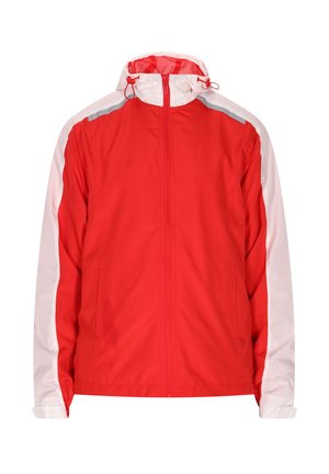 Piros és fehér dzseki cipzárral az elején, kontrasztos színű ujjak, állítható kapucni és oldalsó zsebek. Könnyű, vízálló anyagból készült.