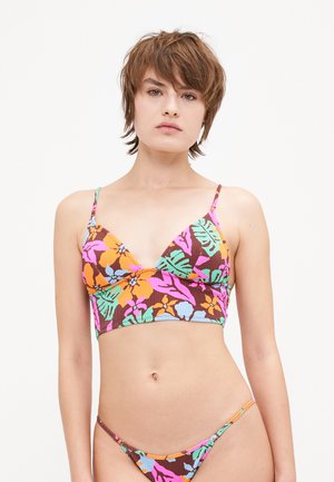 Floral bikini set featuring a brown base with vibrant pink, orange, and green patterns. The top has a cropped triangle design and thin straps.