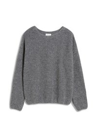 Pull gris côtelé avec un col rond et des manches longues, doté d'une texture douce et d'une coupe décontractée. Aucun élément métallique ou accent visible.