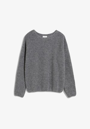 Pull gris côtelé avec un col rond et des manches longues, doté d'une texture douce et d'une coupe décontractée. Aucun élément métallique ou accent visible.