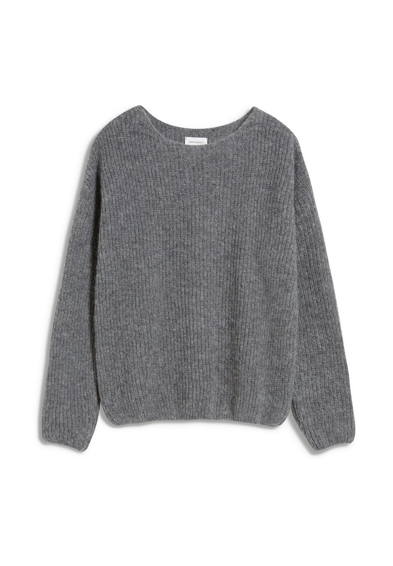 Pull gris côtelé avec un col rond et des manches longues, doté d'une texture douce et d'une coupe décontractée. Aucun élément métallique ou accent visible.
