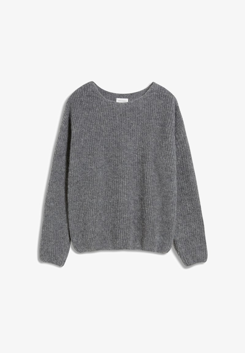 Pull gris côtelé avec un col rond et des manches longues, doté d'une texture douce et d'une coupe décontractée. Aucun élément métallique ou accent visible.