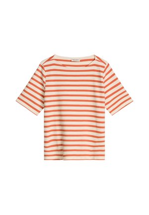 T-shirt met korte mouwen met horizontale oranje en witte strepen, ronde halslijn en rechte zoom.