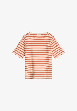 T-shirt met korte mouwen met horizontale oranje en witte strepen, ronde halslijn en rechte zoom.