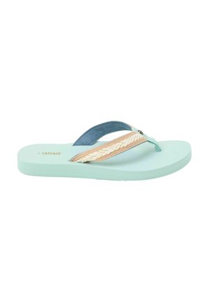 Light blue flip-flop sandal with a braided beige strap and denim accent. Flat sole, smooth texture, suitable for casual wear.