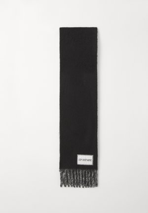 Black scarf made of soft fabric, featuring a textured finish, with grey fringes at one end and a white label with "SPORTMAX" logo.
