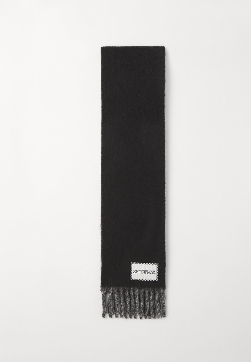 Black scarf made of soft fabric, featuring a textured finish, with grey fringes at one end and a white label with "SPORTMAX" logo.