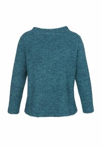 Türkiser Pullover, weiche Textur, lange Ärmel, runder Halsausschnitt, gerippte Kanten und leicht lockere Passform. Keine sichtbaren Muster oder Metallteile.