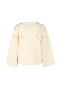 Light cream knitted sweater featuring vibrant orange and blue stitching, with a loose fit and wide sleeves. Textured ribbed hem.