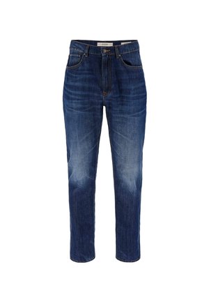 Donkerblauwe denim jeans met een rechte pasvorm, met een hoge taille, vijf zakken en subtiele vervaging details op de bovenbenen.