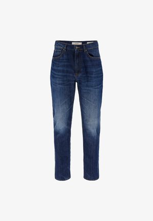 Tamsiai mėlynos džinsinės kelnės su tiesiu siluetu, aukštu liemeniu, penkiomis kišenėmis ir subtiliais išblukimo akcentais ant šlaunų.