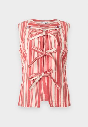 Blouse sans manches à rayures verticales rouges et blanches, col marin et trois fermetures à nouer à l'avant.