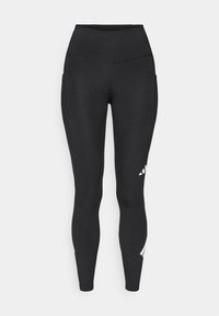 Schwarze Sportleggings mit hohem Bund, seitlichen Taschen und weißen Logoakzenten am unteren Bein. Glatte Textur, figurbetontes Design.