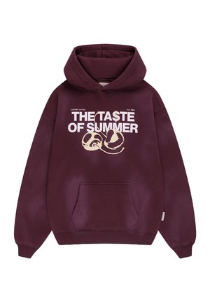 Ciemnofioletowa bluza z kapturem i kieszenią z przodu, z napisem "THE TASTE OF SUMMER" oraz grafiką dwóch wiśni.