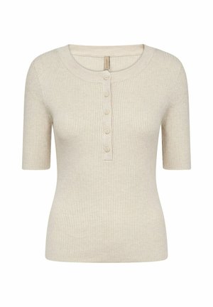 Kremowy prążkowany top z krótkim rękawem, wyróżniający się okrągłym dekoltem i zapięciem na guziki z pięcioma guzikami. Miękka faktura, dopasowany krój.