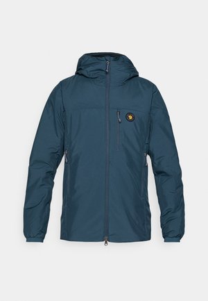 Blue, lightweight jacket with a hood. Features a zippered front and pocket, elastic cuffs, and a logo patch on the upper left.
