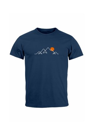 Navy blue cotton t-shirt featuring a simple white outline of mountains and a red sun above the highest peak, short sleeves, and crew neck.