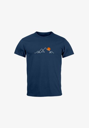 Navy blue cotton t-shirt featuring a simple white outline of mountains and a red sun above the highest peak, short sleeves, and crew neck.