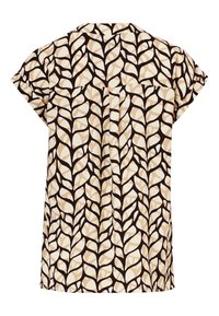 Short-sleeve top in cream with a brown and beige leaf pattern, featuring a back pleat and rounded hem. Made from lightweight fabric.