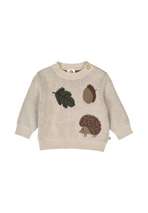 Pull en tricot beige avec un col rond, présentant des motifs de hérisson marron, de feuilles et de glands. Comprend un bouton décoratif à l'épaule.