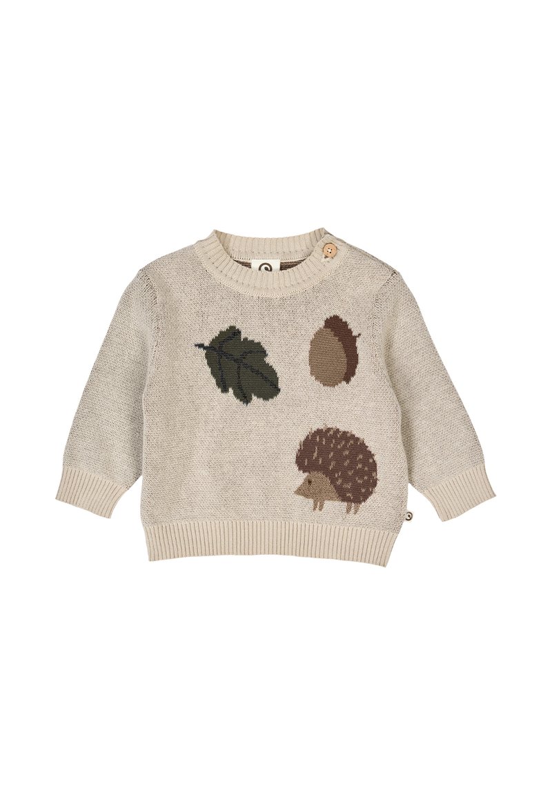 Beige pletený svetr s kulatým výstřihem, zdobený vzory hnědého ježka, listu a žaludu. Obsahuje dekorativní knoflík na rameni.