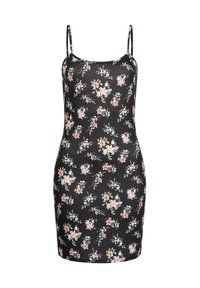 Schwarzes Blumenkleid aus weicher Stoff. Hat dünne Träger und eine körperbetonte Silhouette mit rosa und grünen Blumenmustern überall.