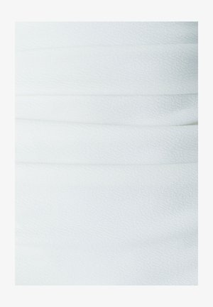White fabric with a textured surface, featuring horizontal pleats that create a soft, layered appearance. Smooth and slightly reflective.