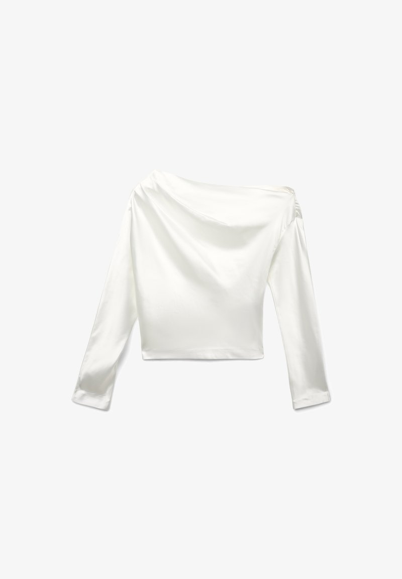 Langärmlige, schulterfreie Bluse aus glattem weißen Stoff. Hat ein cropped Design mit sanften Drapierungen und engen Ärmeln.
