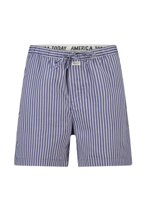 Blauw-witte, verticaal gestreepte herenshorts met trekkoord in de taille en "America Today" branding op de binnenste tailleband en het voorlabel.