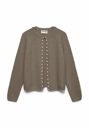 Cardigan en maille marron avec un col rond, une fermeture boutonnée sur le devant ornée d'accents perlés, et des manches longues. Offre une silhouette décontractée.